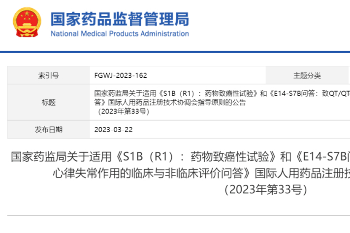 注意！药监局公告：今日起适用《S1B（R1）：药物致癌性试验》指导原则